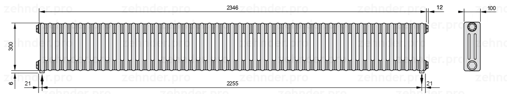 Схема (чертеж) Радиатор Zehnder Charleston 3030/51 №3570 Белый глянцевый RAL 9016